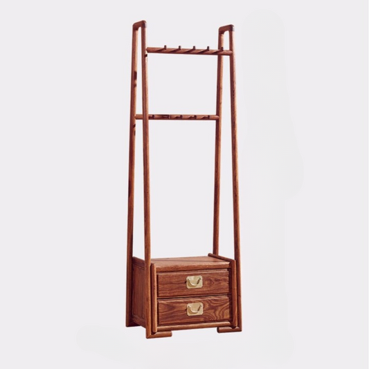 Tall Reddish Brown Solid Wood Coat Rack with 2 Drawers, Freestanding Garment Valet Stand with Dual Peg Rails for Bedroom, Entryway, Dressing Room and Hotel