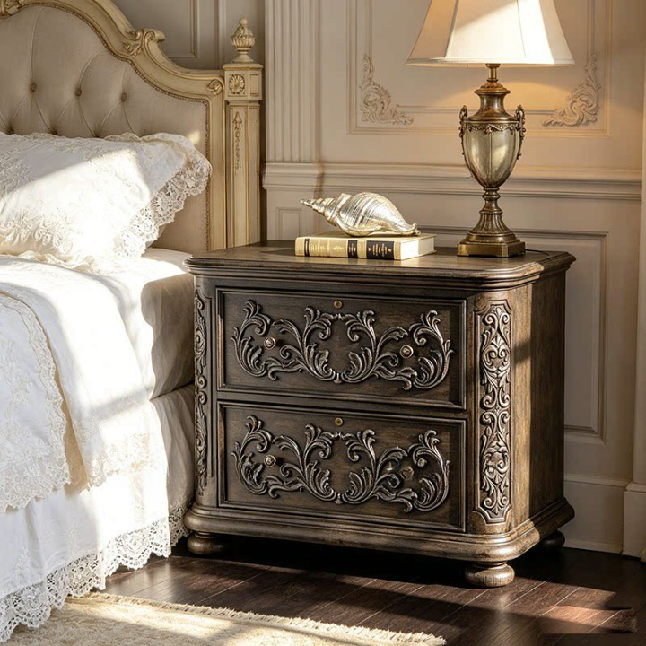 Dark Brown 2-Drawer Nightstand with Silver Scrollwork