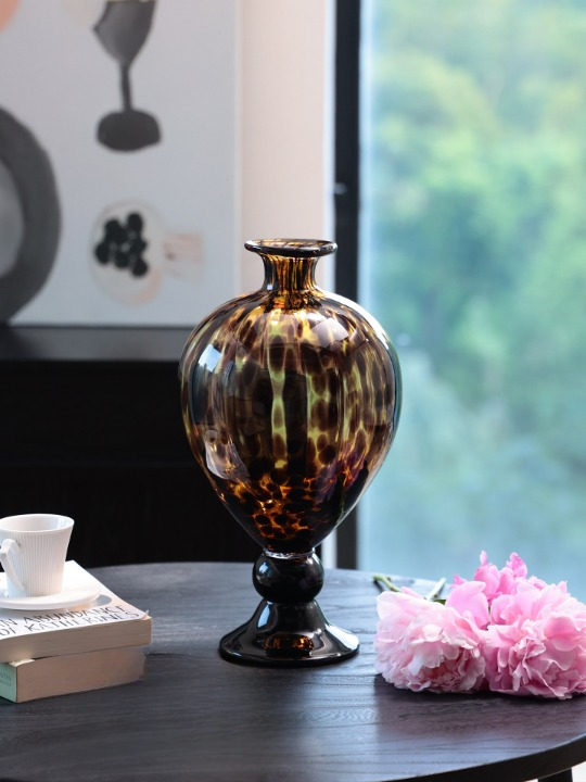 Amber Tortoiseshell Glass Vase, Large Pedestal Art Glass Centerpiece