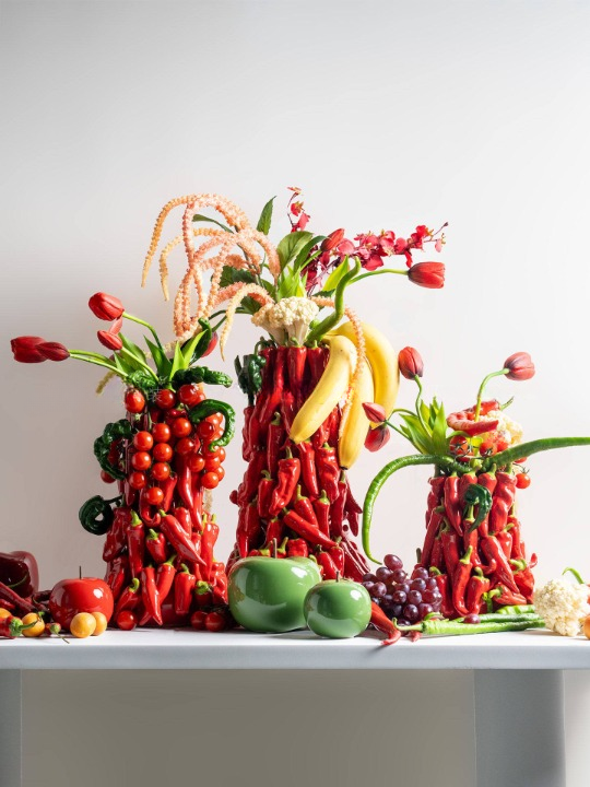Red Chili Pepper Ceramic Vase Set of 3, Sculptural Tabletop Decor