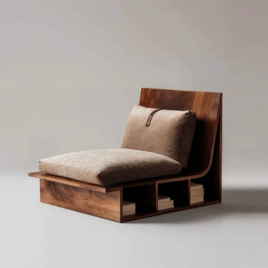 Walnut Brown Wood Storage Accent Chair with Beige Cushions for Reading