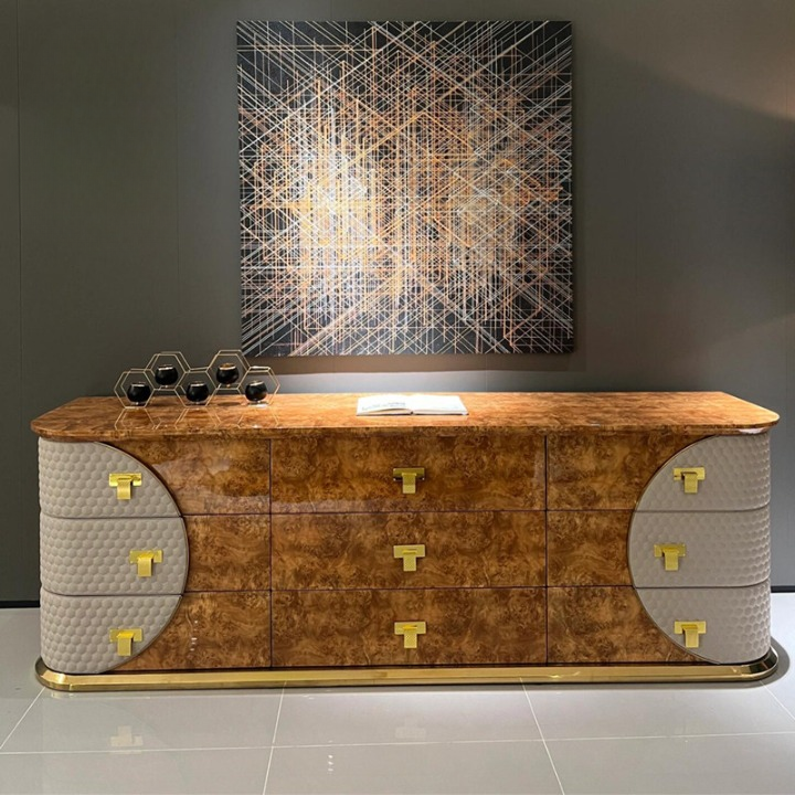 Modern 9-Drawer Dresser with Burl Wood Finish and Gold Accents