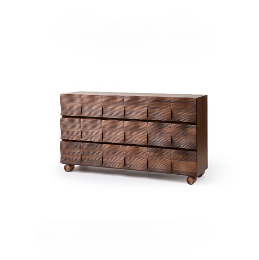 Walnut Ribbed Sideboard Cabinet, Modern Wood Storage Credenza, Textured Multi Drawer Dresser Cabinet, Living Room Buffet Cabinet, Dining Room Console and Entryway Storage