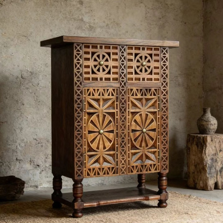 Hand-Carved Solid Wood Entryway Cabinet, Narrow Accent Storage Cabinet with 2 Doors, 2 Drawers, Lower Shelf and Geometric Panel Design for Foyer, Hallway or Living Room