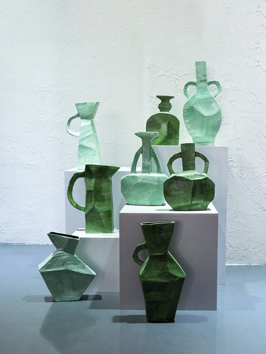 Dark Green Ceramic Vase with Handle, Modern Textured Flower Vessel