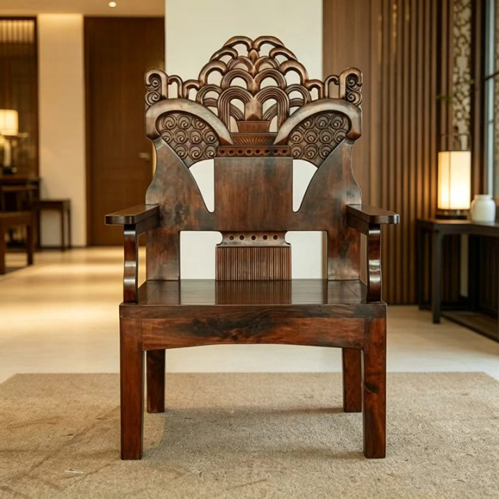 Hand-Carved Solid Elm Wood Dining Chair with Arms, Tall Back Accent Armchair, Ornamental Sculpted Backrest Side Chair for Dining Room, Living Room or Reception Area, Brown Wood Finish