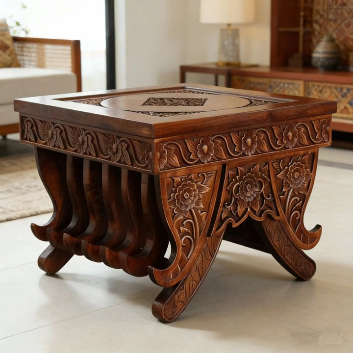 Hand-Carved Solid Elm Wood End Table, Square Floral Accent Table with Sculpted Crossed Legs, Brown Sofa Side Table for Living Room, Lounge or Tea Room