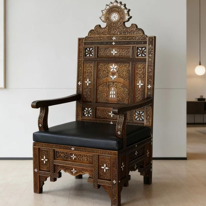 Carved Wood High Back Throne Chair with Inlay and Cushion