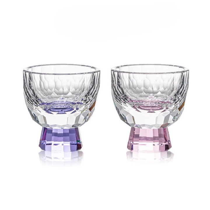 Set of 2 Cut Glass Sake Cups, Pink and Purple 1.7-Oz Tasting Glasses