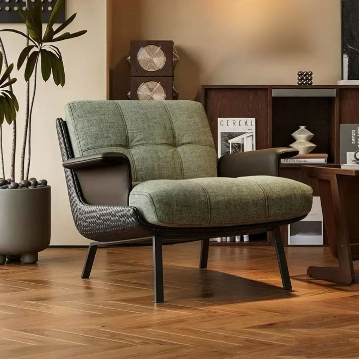 Green Upholstered Accent Chair with Woven Back and Carbon Steel Legs
