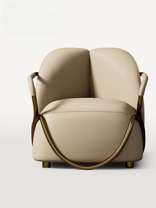 Beige Leather Accent Chair, Modern Lounge Chair with Bronze Metal Frame, Upholstered Single Sofa Chair with Curved Back and Arms for Living Room, Bedroom, Villa, Reading Corner