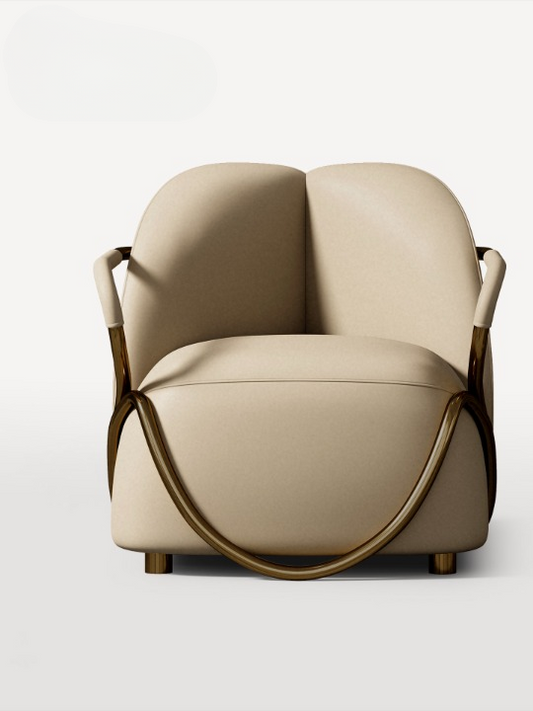 Beige Leather Accent Chair, Modern Lounge Chair with Bronze Metal Frame, Upholstered Single Sofa Chair with Curved Back and Arms for Living Room, Bedroom, Villa, Reading Corner