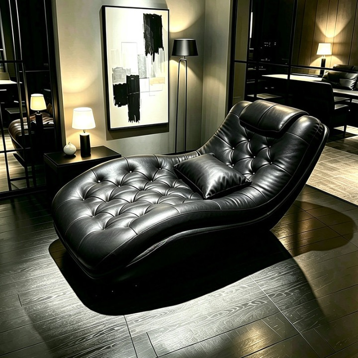 Black Tufted Chaise Lounge 62 Inch, Curved Faux Leather Reclining Sofa Chair