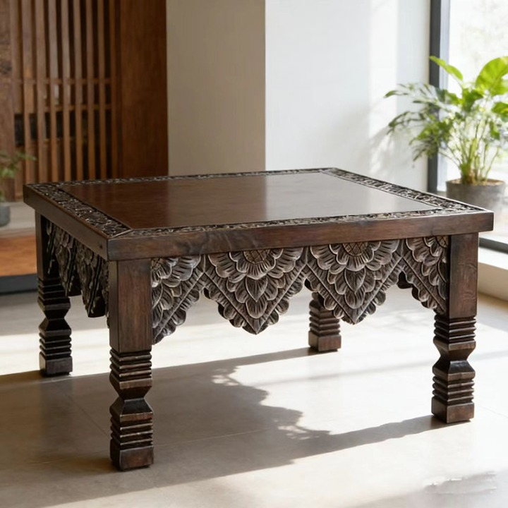 Hand-Carved Solid Elm Wood Coffee Table, Square Accent Table with Floral Carved Apron and Sculpted Legs, Rustic Wood Center Table for Living Room, Lounge or Tea Room
