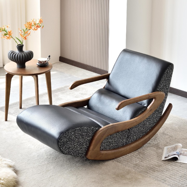 Black Upholstered Rocking Lounge Chair with Solid Wood Frame and Footrest