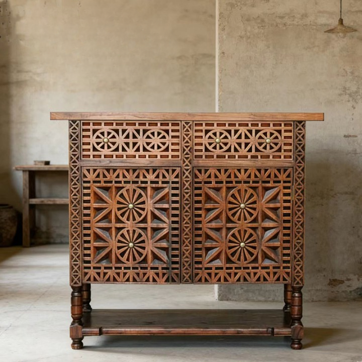 Hand-Carved Solid Wood Entryway Cabinet, 2-Door Storage Sideboard with 2 Drawers, Geometric Floral Cutout Panels, Lower Shelf and Turned Legs for Foyer, Living Room or Dining Room