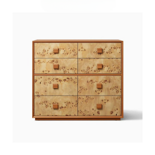 Burl Wood 8 Drawer Dresser, Vintage Modern Chest of Drawers with Square Wood Pulls, Accent Storage Cabinet for Bedroom, Living Room, Entryway or Hallway