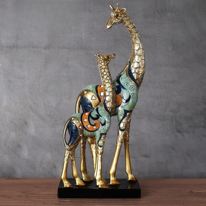 Gold Giraffe Mother and Calf Figurine, Mosaic Decor with Gift Box