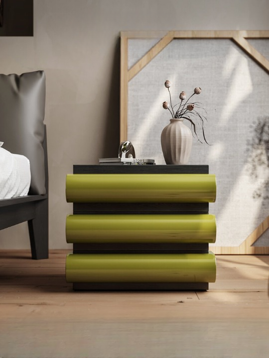 Modern Green Lacquer Nightstand, 21.7 Inch Bedside Table with Wood Veneer Look, Compact Storage Cabinet for Bedroom, Guest Room, Apartment, Dorm, and Small Space Decor