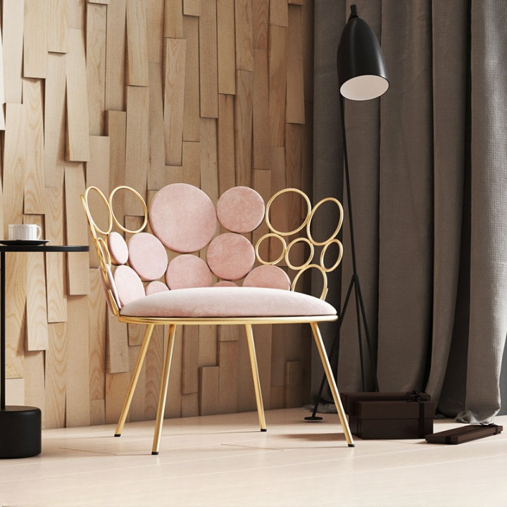 Pink Fabric Gold Metal Circle Back Accent Chair for Living Room