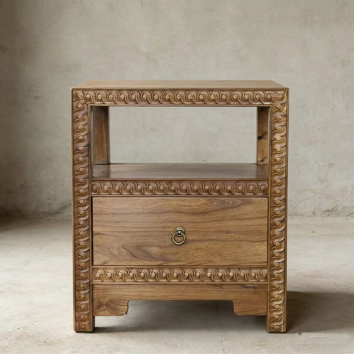 Solid Elm Wood Nightstand with Drawer and Open Shelf, Carved Bedside Table with Ring Pull, Light Natural Wood End Table for Bedroom, Living Room or Guest Room