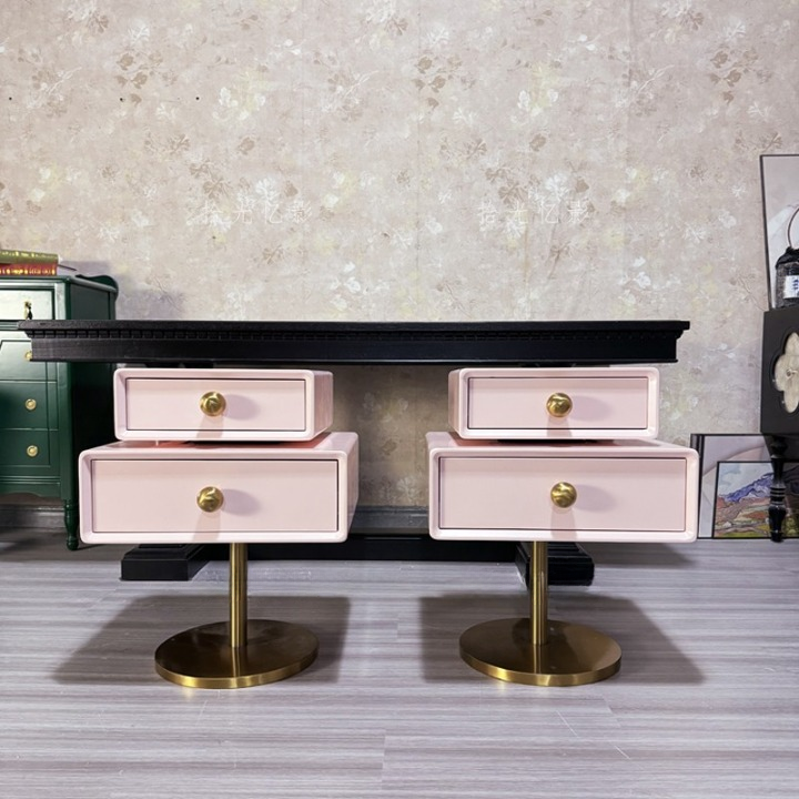 Pink Rotating Nightstand with 2 Drawers and Gold Pedestal