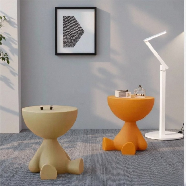 Coffee Brown Molded Plastic Side Table, Sculptural Seated Character End Table with Hidden Storage, Compact Round Accent Table for Living Room, Bedroom, Sofa Side and Bedside