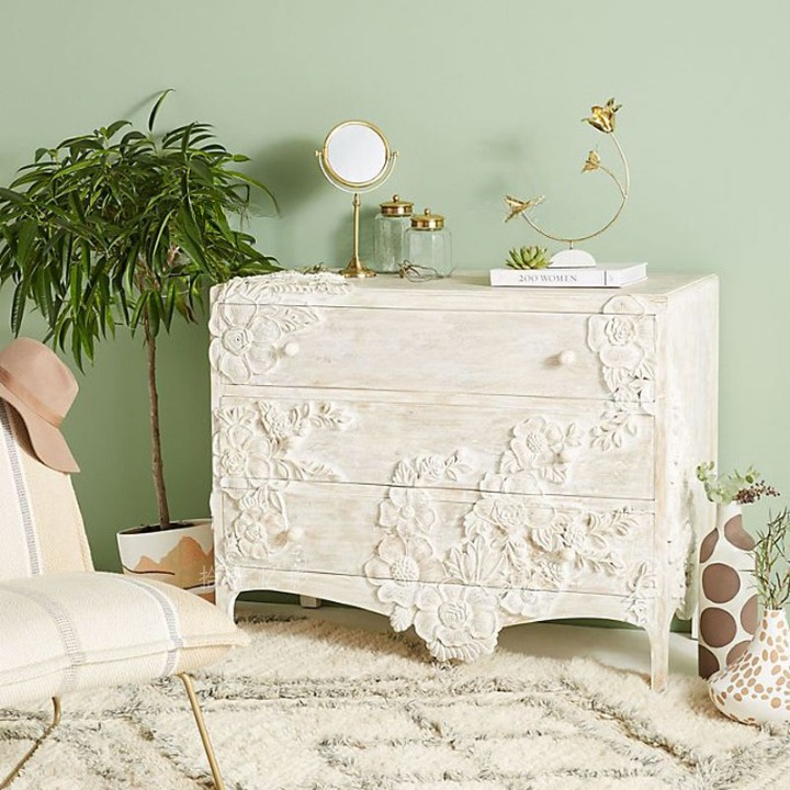 Whitewashed Floral Carved 3-Drawer Dresser Chest