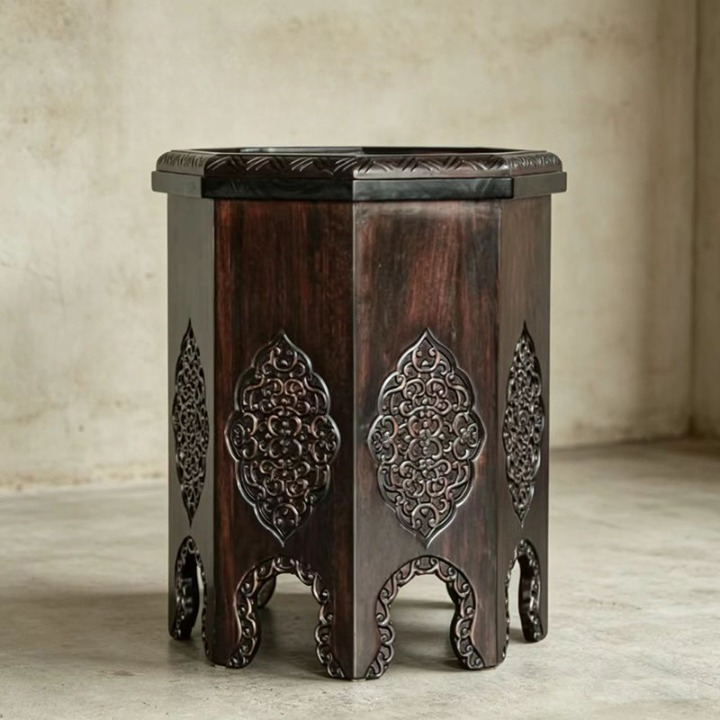 Hand-Carved Solid Wood Pedestal Side Table, Ornate Square Accent Stand with Pierced Floral Panels and Dark Brown Finish for Living Room, Entryway or Bedroom