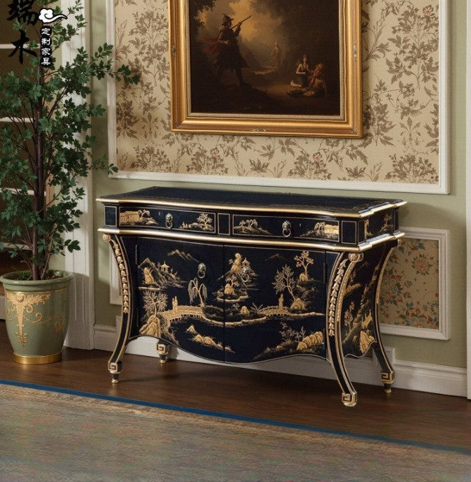 Black Chinoiserie Sideboard Cabinet, Hand Painted Gold Landscape Storage Cabinet with Drawers and Doors, Solid Wood Console Cabinet for Entryway, Living Room, Dining Room, Bedroom