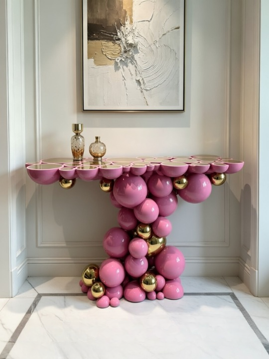 Pink and Gold Bubble Console Table, Sculptural Sphere Entryway Table, Modern Luxury Accent Console for Foyer, Hallway, Living Room, Hotel Lobby and Home Decor