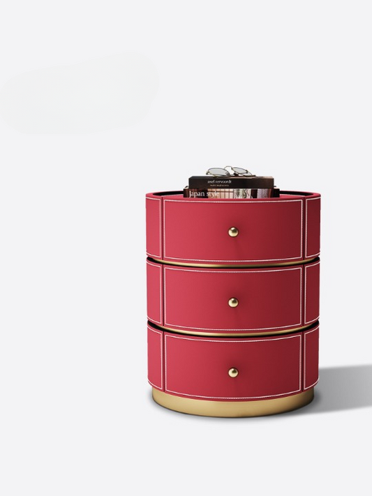 Rose Red Round Nightstand with 3 Drawers, Modern Leather Look Bedside Table with Gold Tone Base, Solid Wood Frame Accent Storage Cabinet for Bedroom, Living Room, Guest Room