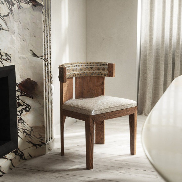 Solid Wood Dining Chair, Walnut Finish Accent Side Chair with Upholstered Seat and Lumbar Pillow, Asian-Inspired Reception Chair for Dining Room, Living Room, Hotel, Restaurant and Guest Seating