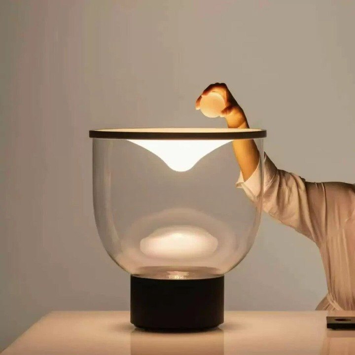 Modern Smoked Glass Table Lamp, Sculptural Bowl Shade Desk Lamp with Black Base and Button Switch, Contemporary Accent Lighting for Bedroom, Living Room, Hotel Lobby, Office