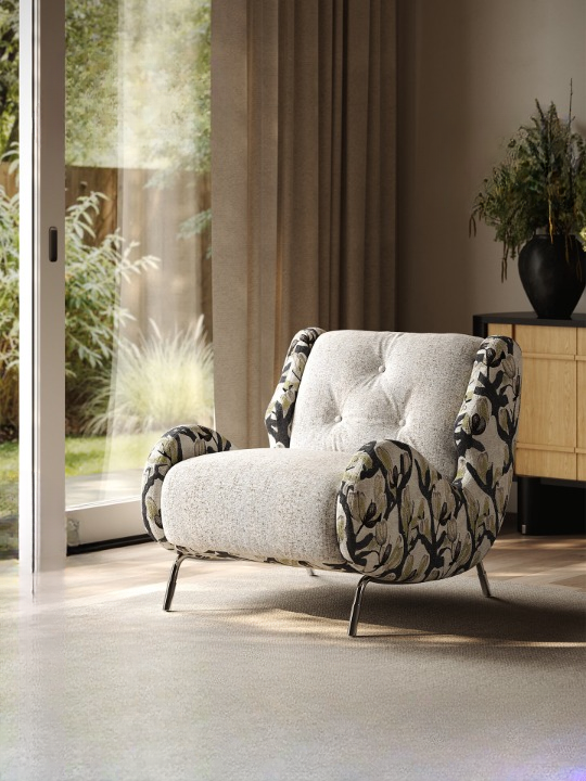 Cream Floral Jacquard Accent Chair with Padded Arms and Metal Legs
