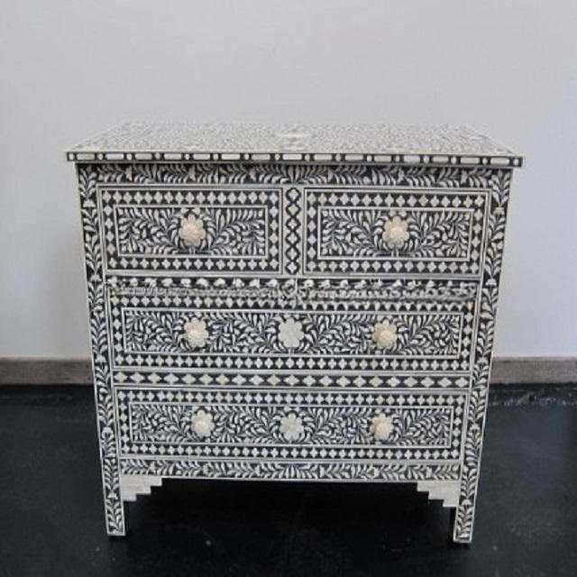 Luxury Black White Bone Inlay Dresser Handmade Wooden Storage Cabinet Moroccan Style Chest of Drawers Artisan Bedroom Accent Furniture for Living Room