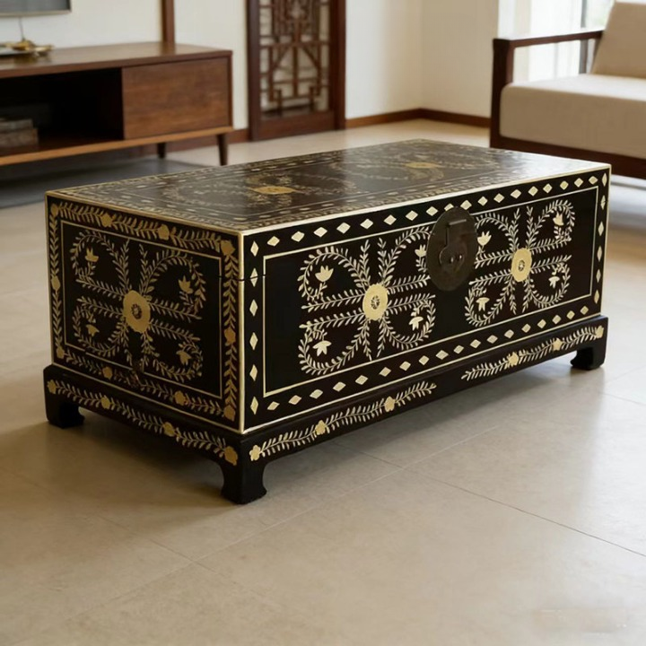 Hand-Painted Solid Wood Storage Trunk Coffee Table, Rectangular Floral Chest Table with Lift-Top Interior Storage and Black Finish for Living Room, Bedroom or Entryway