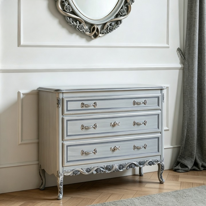 Vintage Style Solid Wood 3 Drawer Dresser, Distressed Blue Gray Chest of Drawers with Carved Base, French Country Storage Cabinet for Bedroom, Entryway, Dining Room, Living Room