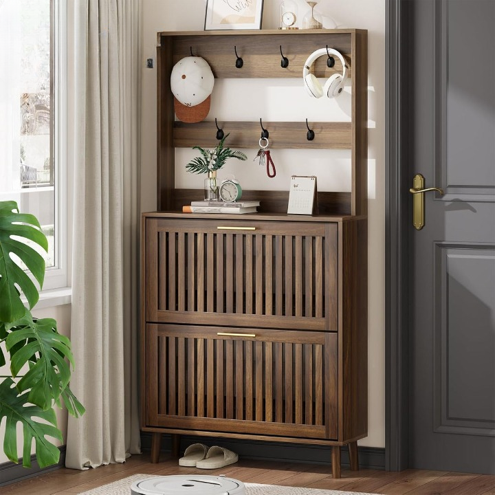 Walnut Hall Tree with 7 Hooks and 2 Flip-Down Shoe Drawers
