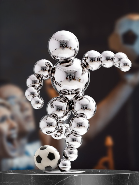 Metal Soccer Player Sculpture, Modern Football Desk Decor, Silver