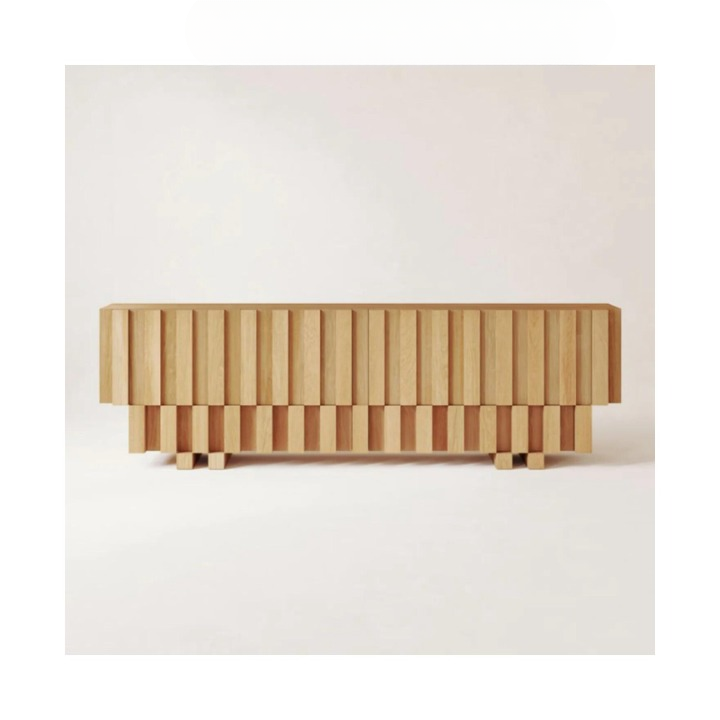 Solid Wood TV Stand, Natural Wood Slatted Media Console with Fluted Front, Wabi Sabi Entertainment Cabinet for Living Room Bedroom