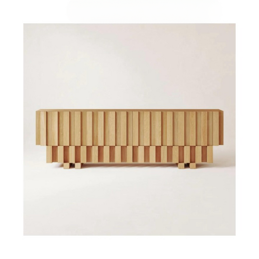 Solid Wood TV Stand, Natural Wood Slatted Media Console with Fluted Front, Wabi Sabi Entertainment Cabinet for Living Room Bedroom