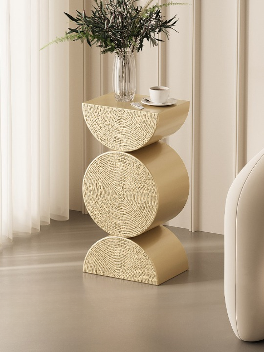 Gold Sculptural Side Table, Narrow End Table with Textured Wheat Pattern, Modern Accent Pedestal Table for Living Room, Bedroom, Sofa Side, Entryway, Apartment, and Small Spaces