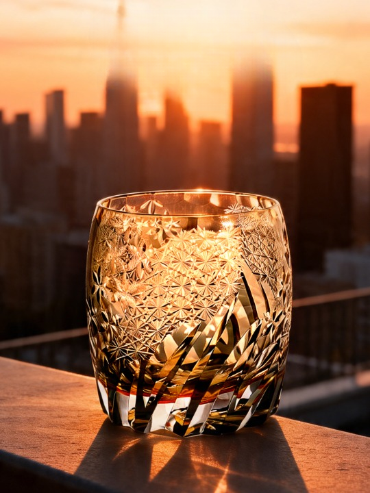 Clear Gold-Tone Hand-Cut Glass Whiskey Tumbler with Floral Snowflake Pattern, Heavy Base Rocks Glass in Gift Box for Bourbon, Scotch, Cocktails and Home Bar