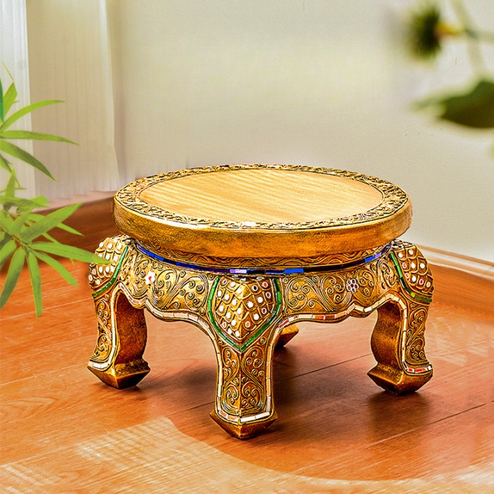 Hand-Carved Solid Wood Elephant Stool, Gold-Tone Accent Seat