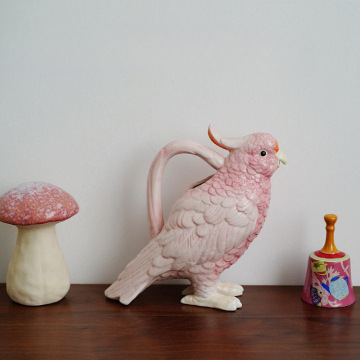 Pink Ceramic Parrot Pitcher, Hand Painted Bird Water Jug, 11.8 Inch Decor