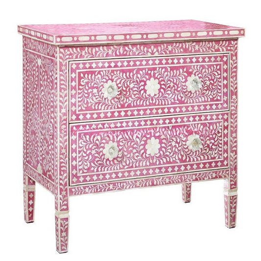 Luxury Pink Bone Inlay Nightstand Handmade 2 Drawer Accent Cabinet Floral Wooden Bedside Table Artisan Storage Chest for Bedroom Living Room Hotel
