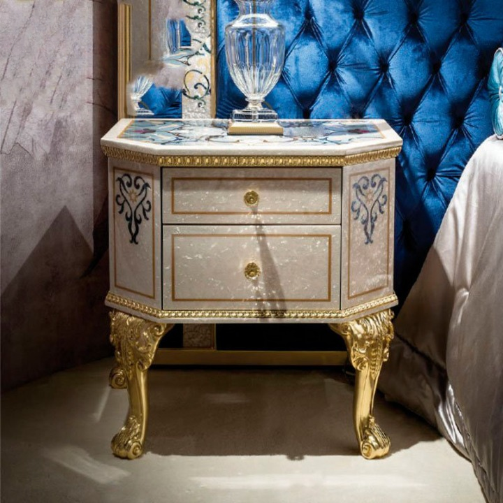 Ivory and Gold Solid Wood Nightstand, Decorative Shell Inlay 2-Drawer Bedside Cabinet with Ornate Carved Legs and Pearlized Top for Bedroom, Guest Room or Luxury Interior
