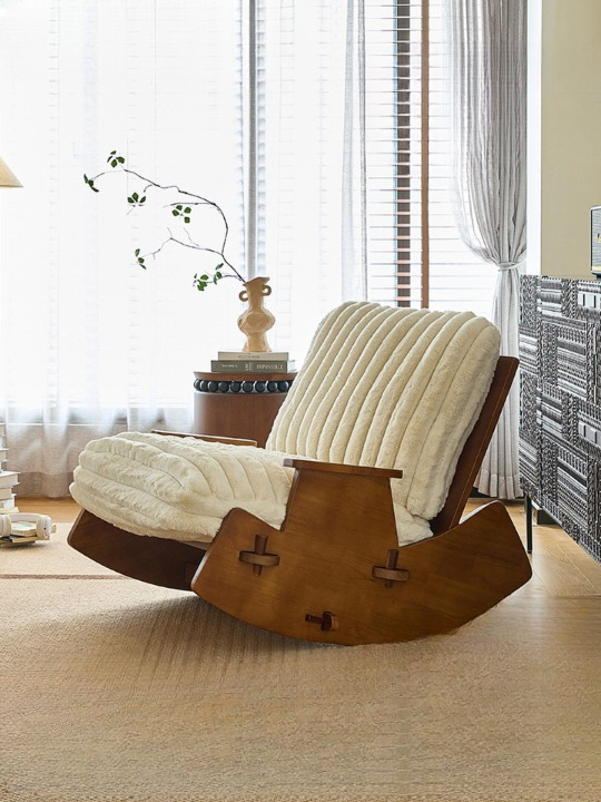 Ivory Faux Fur Solid Wood Rocking Chair for Living Room