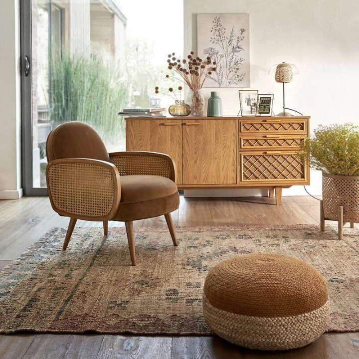 Mustard Yellow Accent Chair with Cane Armrests, Upholstered Single Sofa Chair with Solid Wood Legs, Modern Rattan Lounge Chair for Living Room, Bedroom, Reading Nook, Hotel, Guest Room, and Apartment Decor